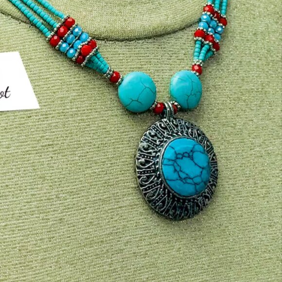 Beaded Multilayers Chain Necklace With Pendant, Ethnic Statement Necklaces - Picture 4 of 12